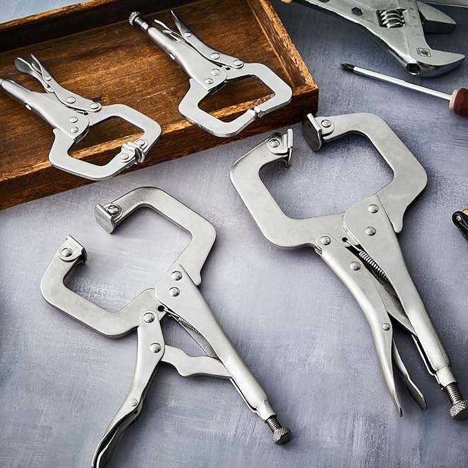 4 Pcs Locking C Clamp Set, Locking Pliers with Fixed and Swivel Pads, 6 Inch, 9 Inch, 11 Inch, Metal Tools Welding Clamps for Home Farm