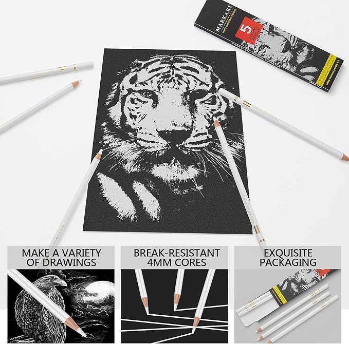 MARKART Professional White Charcoal Pencils Set, 5 Pieces Sketch Highlight - Image 4