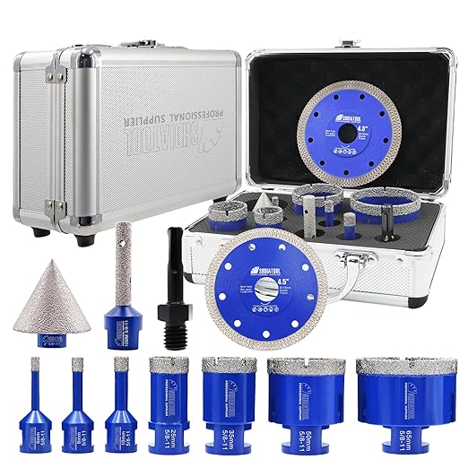SHDIATOOL Diamond Tile Drill Bits Kit 11pcs, Porcelain Hole Saw Sets, Core Bits Cutter for Drilling Ceramic Marble Granite (6/8/10/25/35/50/65/10MM/2''/SDS/4.5")