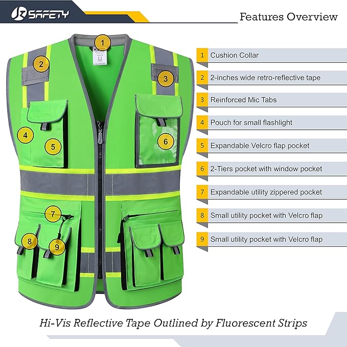 JKSafety 10 Pockets Hi-Vis Zipper Front Fluorescent Green Safety Vest | Cushioned Collar | High Reflective Tapes with Extended Neon Yellow Strips | Meets ANSI/ISEA Standards (4X-Large, 89-Green)