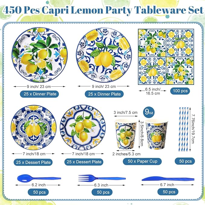 450 Pcs Capri Lemon Party Tableware Set Decorations Mediterranean Blue and - Image 3