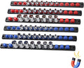 6-Piece Magnetic Socket Organizer, Heavy Duty Aluminum Socket Rails Organizer, 360° Swivel Clips Socket Holder Kit for Tool Box, 1/2, 3/8, 1/4-Inch Socket Holder x 80 Clips (Red&Blue)