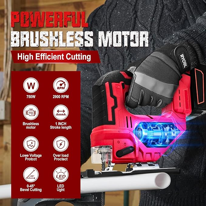 Cordless Jigsaw for Milwaukee 18V Batteries, Brushless Jig Saw Tool with 3 Position Orbital Settings, Adjustable Bevel Cuts (0-45°), Tool-Free Blade Change, LED Light(Tool Only)