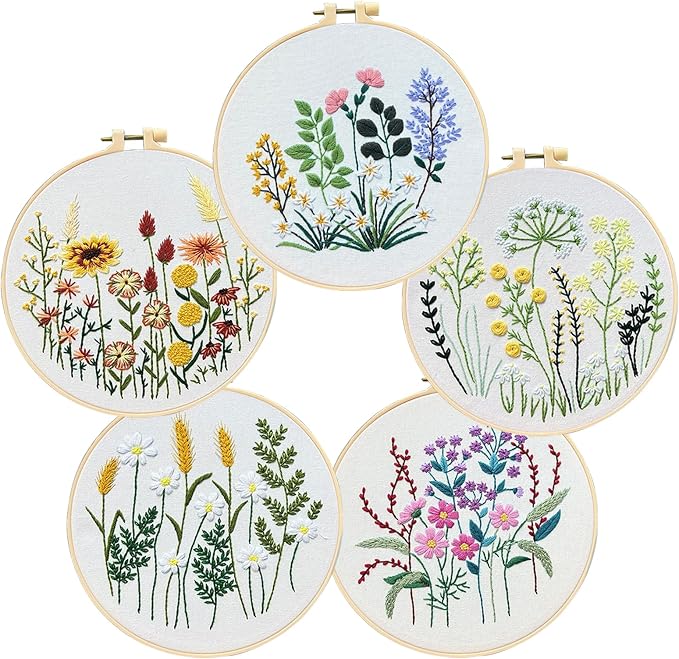 COCOMOX 5 Sets Floral Embroidery Practice Kits, Flower Pattern Embroidery Kit by COCOMOX