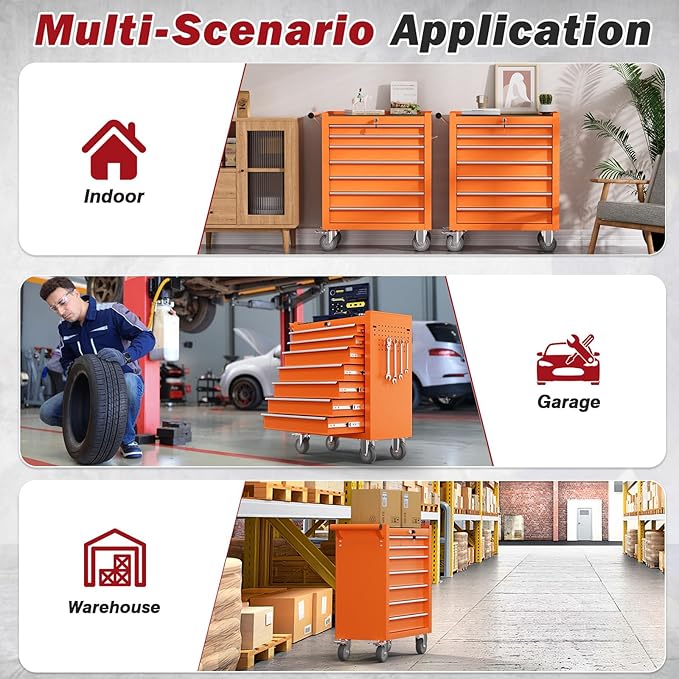 Rolling Tool Chest with Drawers, 7 Drawers Tool Chests & Cabinets, Metal Toolbox with Wheels, Lockable Storage Cabinet, Garage Tool Box with Drawers (Orange, 7 Drawers)
