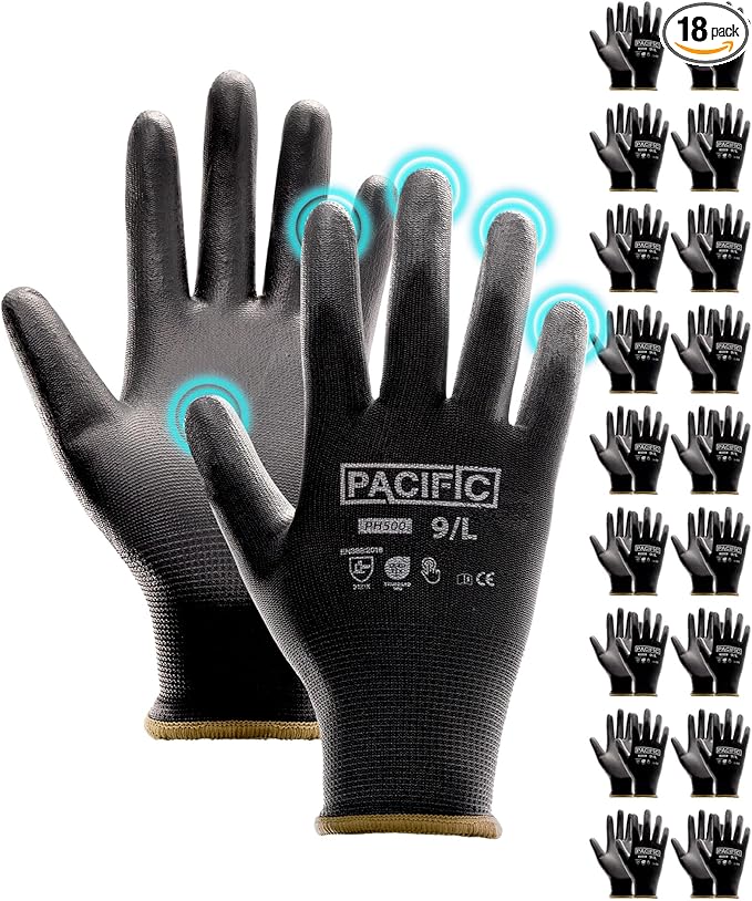 PACIFIC PPE Work Gloves PU Coated-18 Pairs, Touchscreen Working Gloves for Men and Women, Mechanic Gloves, Lightweight, Black, Large