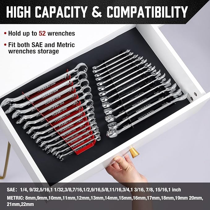 ALOANES 52-Slot Metal Wrench Organizer, Heavy Duty Wrench Organizer Tray for Tool Box, Fit SAE & Metric Wrench Storage, 4 Pack Wrench Holders(Red)