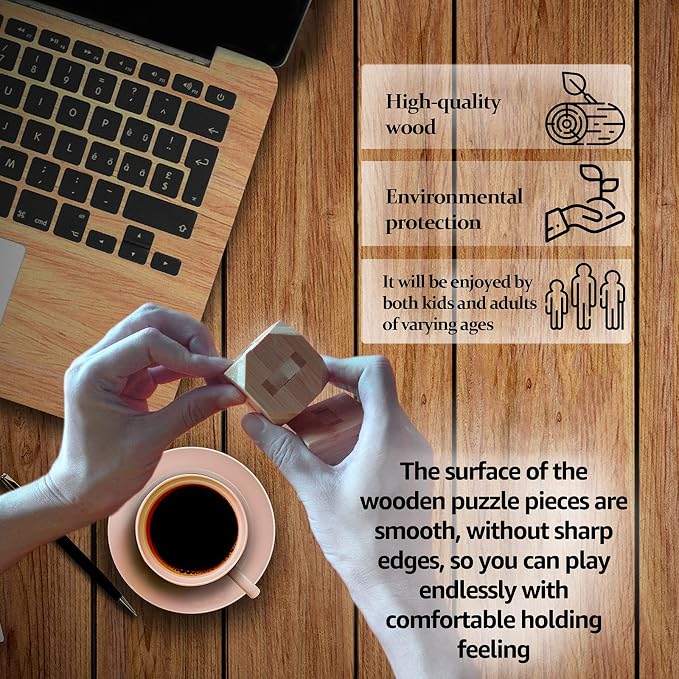 VolksRose 9pcs Wooden Brain Teaser Puzzles, IQ Challenge Puzzle Games, Logic - Image 6