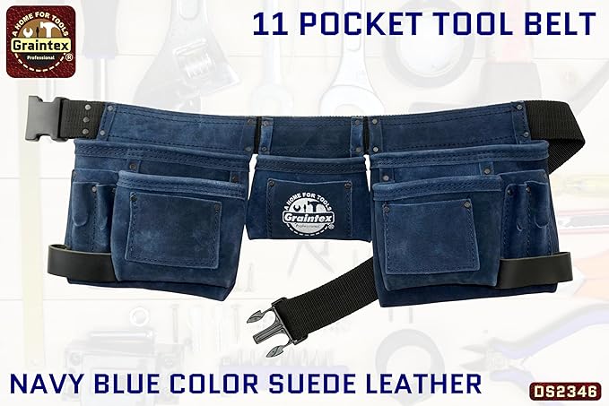 Graintex DS2346 11 Pocket Navy Blue Color Suede Leather Tool Belt/Tool Bag/Work Apron, 2 Hammer Loop, Adjustable Belt | Construction, Carpenter, Roofing Tools, Drywall Tools, Gardening