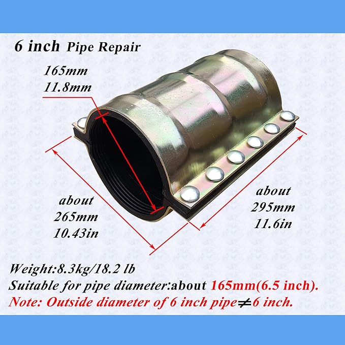 Water Pipe Repair Clamp for 6 inch Pipe(OD of The Applicable Pipe is About 6.5 inch),Leak Sealer for Pipes and Plumbing,Length 11.6 inch,Suitable for PE,PPR,Iron and Steel Pipes