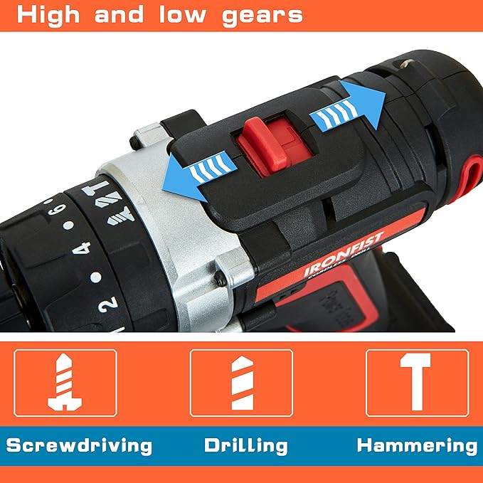 Cordless Drill, Screwdriver Impact Power Tools 21V Lithium Battery 3/8inch Keyless Chuck Led Light 2 Speed Driver