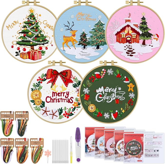 ERKOON 5 Sets Embroidery Kit for Beginners, Christmas Cross Stitch Set by ERKOON