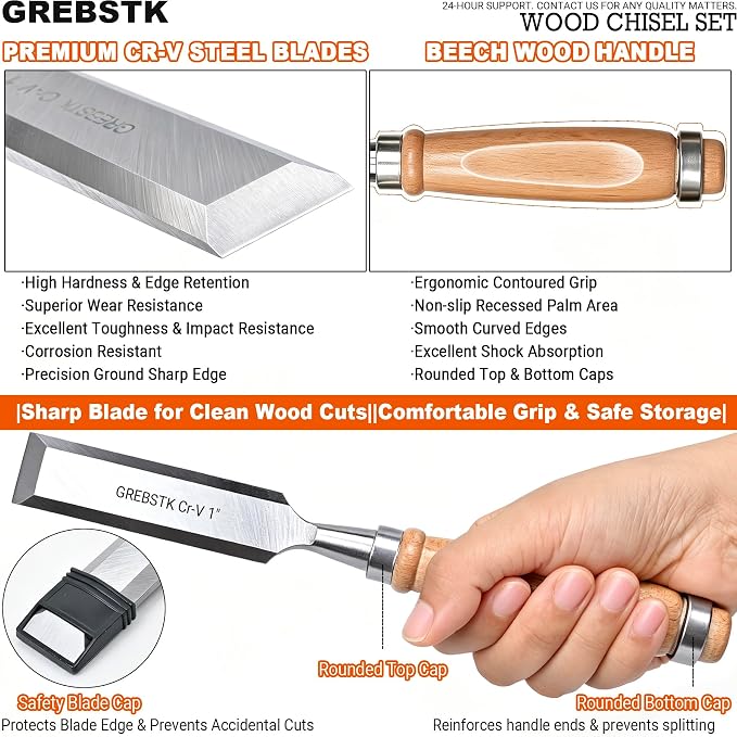 GREBSTK 4-Piece Ultra-Sharp Wood Chisel Set, CR-V Steel Beveled Blades - Image 4