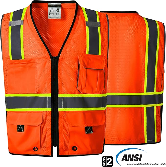 SKSAFETY 10 Pockets Professional Safety Vest, Class 2 Hi Vis Vest with Zipper, Reflective Strips, ANSI/ISEA Standard - Orange, 2XL