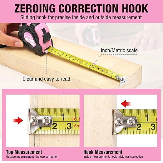 WORKPRO 16FT Pink Tape Measure, Inch/Metric Easy Read Measuring Tape, Retractable Lightweight Measurement Tape Accuracy 1/32, 1mm for Engineer,with Thumb Lock, Belt Clip, Rubber Protective Casing