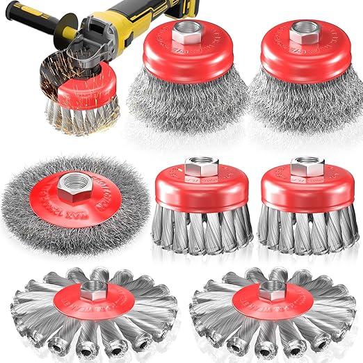 7 PCS Wire Wheel Brush for 4-1/2" Angle Grinder, Carbon Steel Knotted & Crimped Cup/Wheel Brushes (3" & 4"), Heavy Duty Rust, Paint, Corrosion Removal, 5/8"-11 UNC Threaded Arbor
