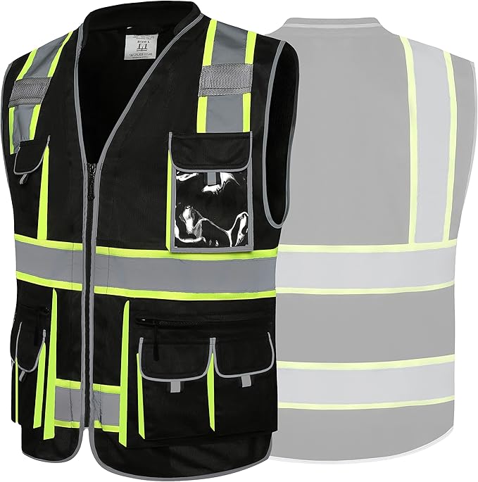 JKSafety 10 Pockets Hi-Vis Zipper Front Black Safety Vest | Cushioned Collar | High Reflective Tapes with Extended Neon Yellow Strips | Meets ANSI/ISEA Standards (XX-Large, 89-Black)