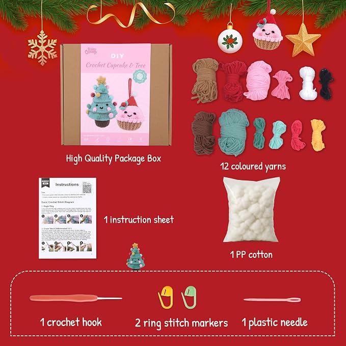 HOUSE CREATIVITY Crochet Kit for Beginners – Make a Christmas Tree & Cupcake - Image 4