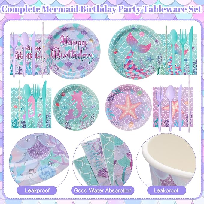 450 Pcs Mermaid Birthday Party Tableware Set Decorations Mermaids Paper Plates - Image 3