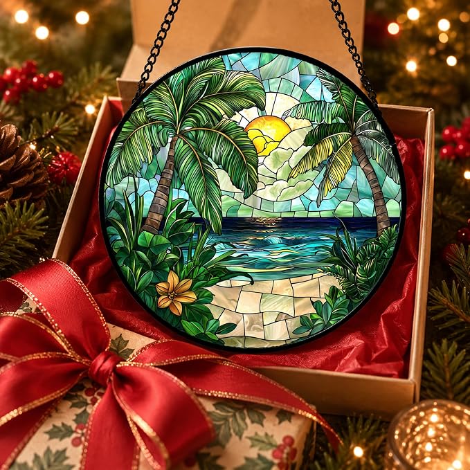 Sunset Beach Acrylic Suncatcher Faux Stained Glass Window Hanging 7.8" | - Image 3