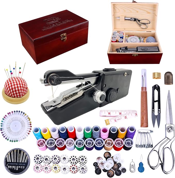 Handheld Sewing Machine, with Elegant Wooden Sewing Box and 153-Piece Sewing Kit by Ausarox