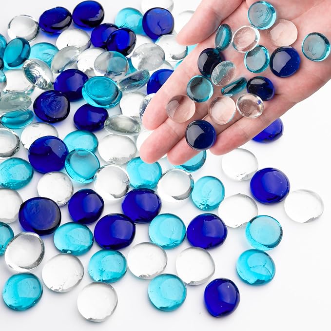1LB Mixed Blue Glass Marbles, Transparent and Smooth Flat Glass Beads by MESCHETT