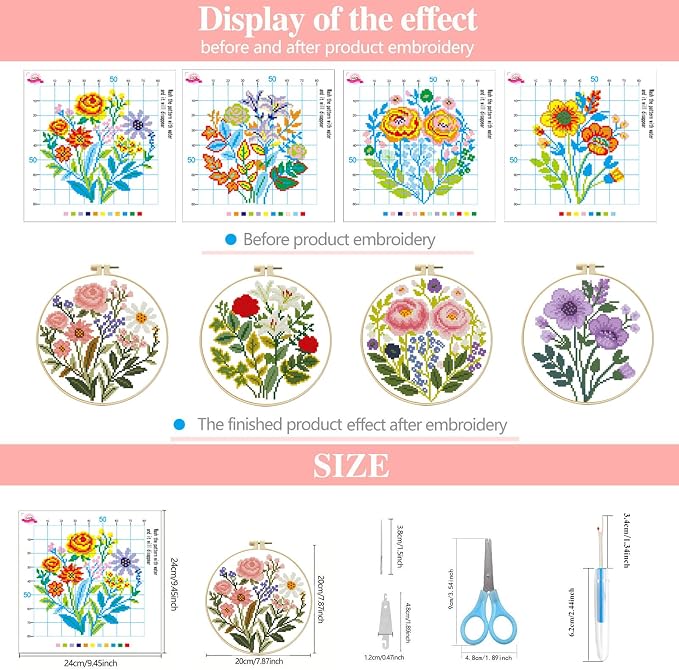 Zhenqing 4-Piece Floral Cross Stitch Kit - Image 3