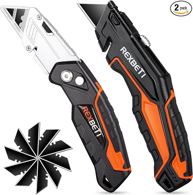 REXBETI 2-Pack Utility Knife, SK5 Heavy Duty Retractable Box Cutter for Cartons, Cardboard and Boxes, Blade Storage Design, Extra 10 Blades Included（Total 18 Blades）