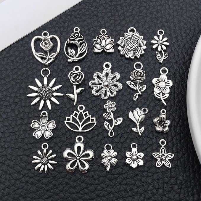 WOCRAFT 60pcs Antique Silver Flowers Bracelet Charms - Image 5