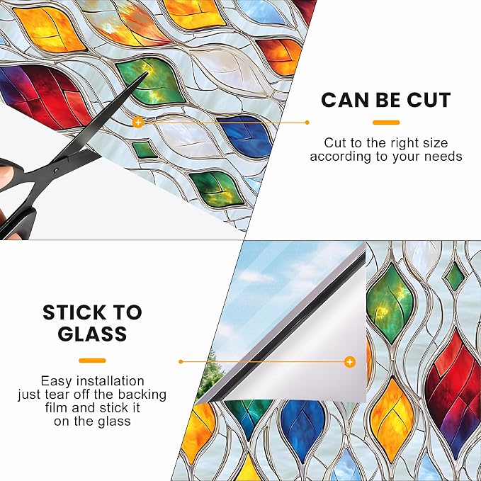 Stained Glass Window Privacy Film: Non-Adhesive Sun and Landscape Mosaic Design - Image 6