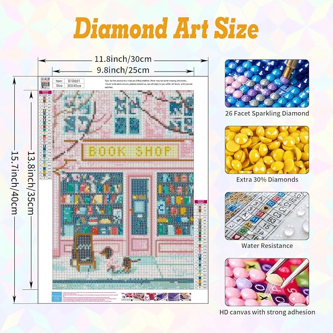 Book Shop Diamond Art Kits for Adults Beginners 12x16 in, DIY Craft Gift | - Image 3