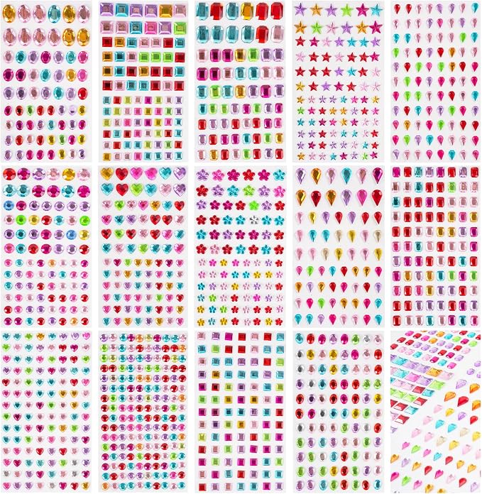 1200+pcs 6~15mm Self-Adhesive Gem Stickers Various Shapes and Colors by Buylorco