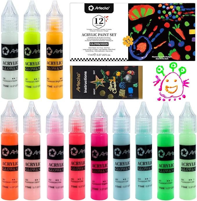 Artecho Glow in the Dark Acrylic Paint Set – 12 Colors x 11ml | Non-Toxic - Image 2