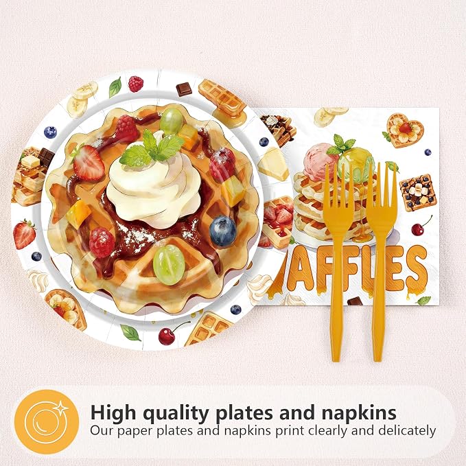 96Pcs Waffle Birthday Party Decoration Breakfast Brunch Bread Food Plates and - Image 2