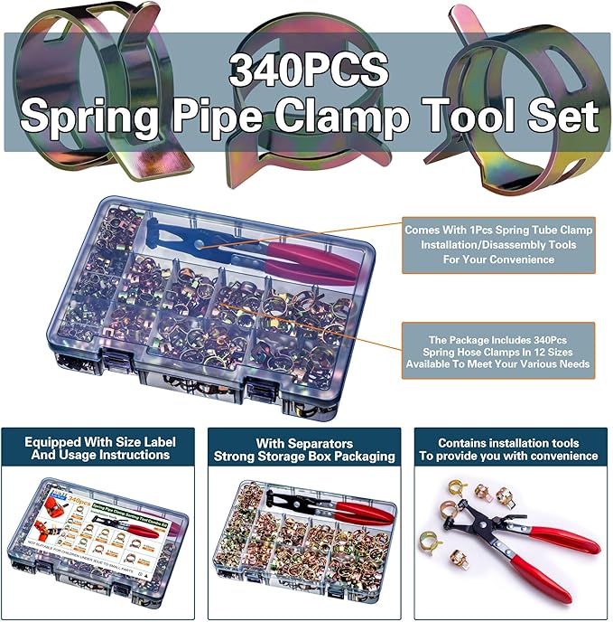 340pcs Spring Pipe Clamps, With Spring Pipe Clamp Tools, 12 Sizes 6-22mm Spring Hose Clamps, Used To Fix Hose Interfaces In Automotive, Marine, Gardening, Industrial Applications