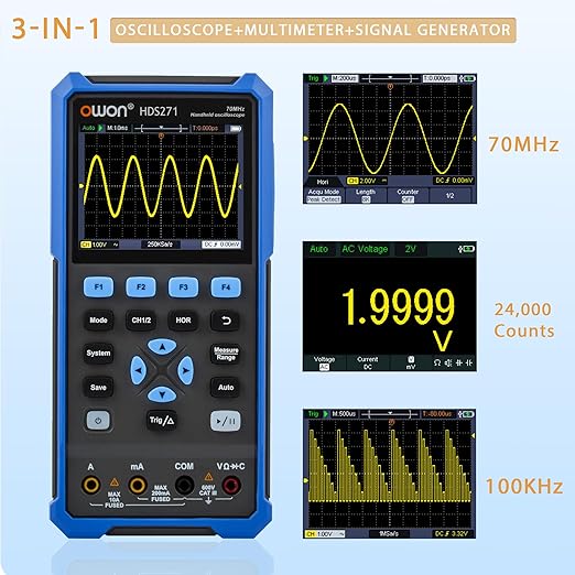 HDS271 OWON Oscilloscope Multimeter, 70MHz Bandwidth 1 Channel Digital Oscilloscope 3 in 1 Multi Multimeter Tester with 100KHz Signal Generator