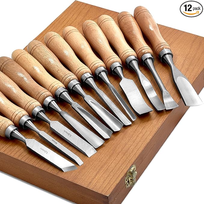 SELFIE CAT 12 Piece Wood Chisel Set for Woodworking Tools Wood Carving Tools with Wooden Case Wood Carving Kit for Beginners and Professionals