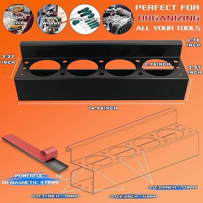 ULIBERMAGNET Power Tool Organizer Rack,Magnetic Heavy Duty Drill Holder with 4 Slot,Magnetic Mount Solid Metal Tool Rack with Screwdriver,Cordless Drill,Utility Rack for Garage Cart