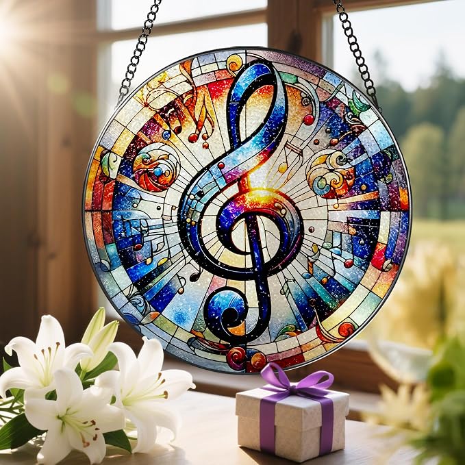 Stained Glass Window Hanging, LAOWEIKI 8'' Musical Note Suncatcher, Stained - Image 6