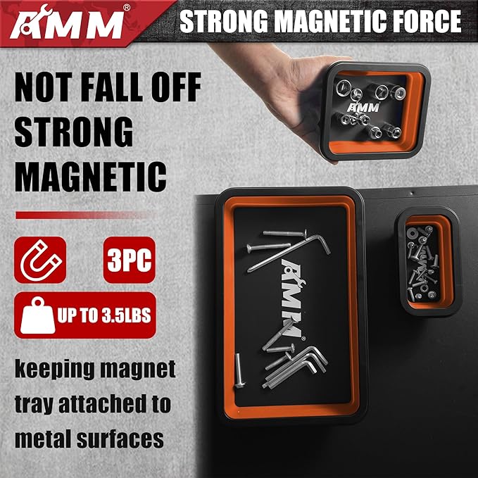 AMM Foldable Magnetic Parts Tray Set, 3 Different Size Magnetic Tool Trays for Bolts Screws Nuts & Small Metal Parts, Mechanic Tool Present for Men，Orange