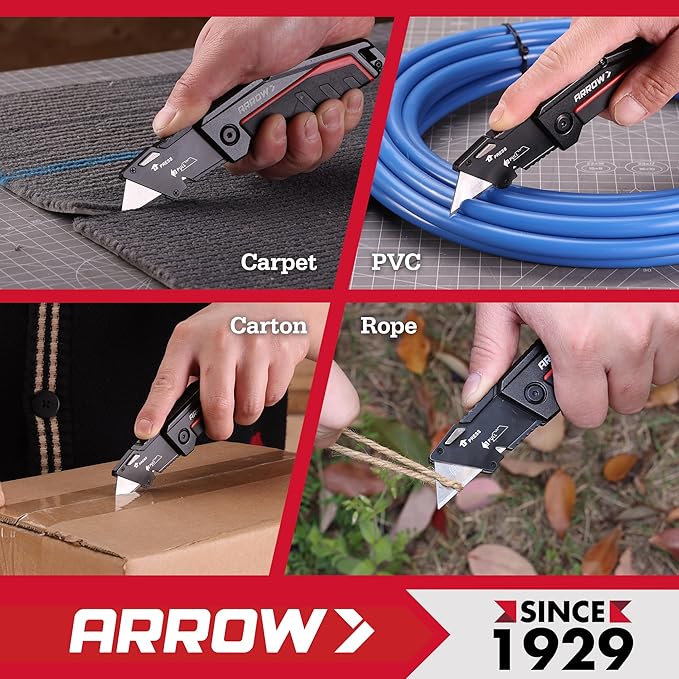 ARROW Folding Utility Knife, Quick-Change Box Cutter with Belt Clip, Liner Lock, Heavy Duty Aluminum Razor Knife with Comfortable Handle, 10 Extra SK2 Blades Included