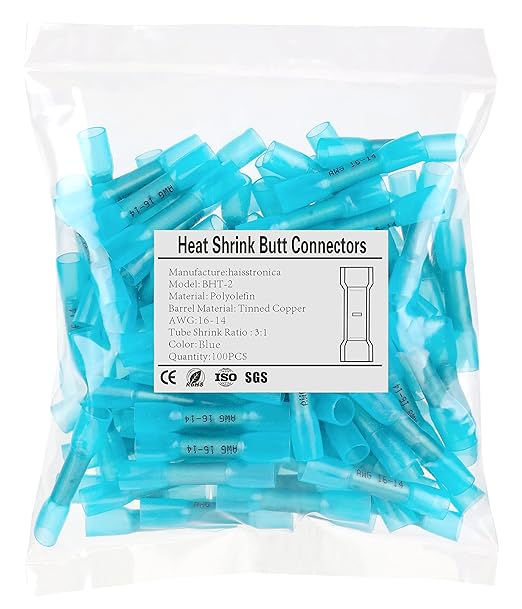 haisstronica 100PCS Blue Heat Shrink Butt Connectors AWG16-14,Marine Grade Waterproof Heat Shrink Wire Connectors,Tinned Red Copper 0.8mm,Insulated Crimp Butt Splice Electrical Connectors