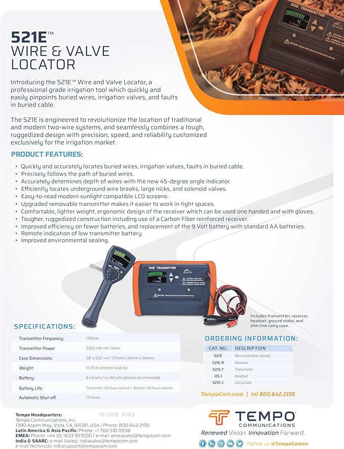TEMPO Communications 521E Wire and Sprinkler Valve Locator Tool, Irrigation Underground Wire Locator, Buried Wire Locator (2025 Model)