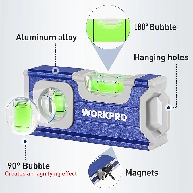 WORKPRO Small Level, 4-1/2 Inch Mini Level Tool, Magnetic Pocket Level with 2 Different Bubbles 90°/180°, Aluminum Alloy Construction, Cobalt Blue