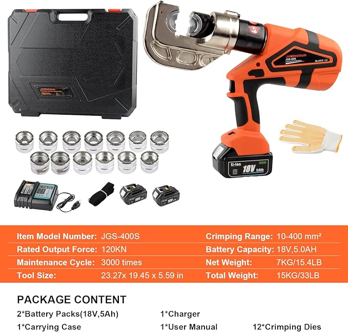Electric Hydraulic Crimping Tool, Battery Cable Crimper Tool, 12 Ton Wire Crimpers Electrical, Crimping Rang 8AWG-800MCM(10-400m²) and Electrical Crimping Tool 13 Pairs of Dies (JGS-400S)