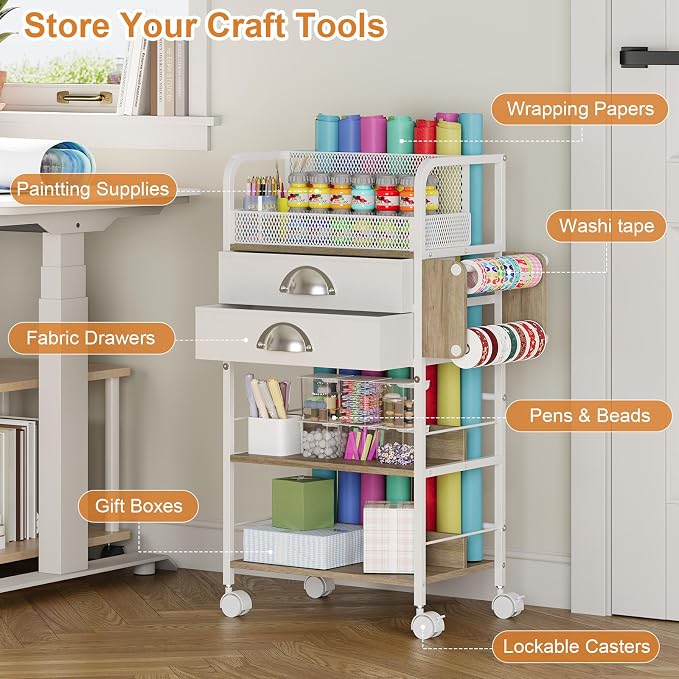 Rolling Wrapping Paper Storage Cart Organizer White | 16.54×11.4×32.68 in - Image 3