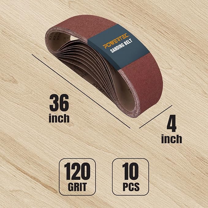 POWERTEC 10PK 4x36 Sanding Belts, 120 Grit Aluminum Oxide, 4 x 36 Inch Sanding Belts for Benchtop Belt and Disc Sander, Belt Sandpaper for Woodworking, Metalworking, Paint, Rust Removal (110110)