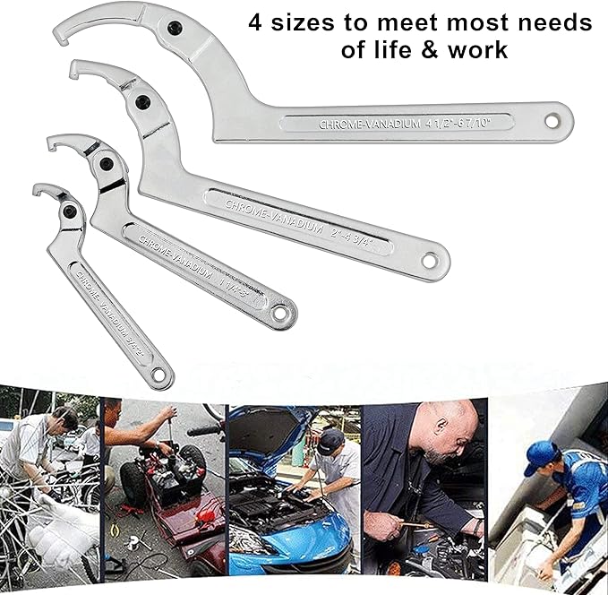 Wadoy Spanner Wrench Set Adjustable C Pin Spanner Hook Wrench Chrome Vanadium 4 Pcs Include 3/4-2", 1 1/4-3", 2-4 3/4", 4 1/2-6 7/10" for Vehicles Mechanical Equipments Tighten Lock Nuts and Bearings