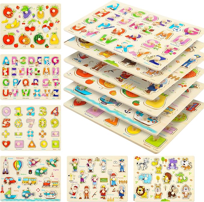 Wooden Peg Puzzles for Toddlers, 6 Pack Toddler Puzzles Set for 3 4 5 Years Old by YUNCHY