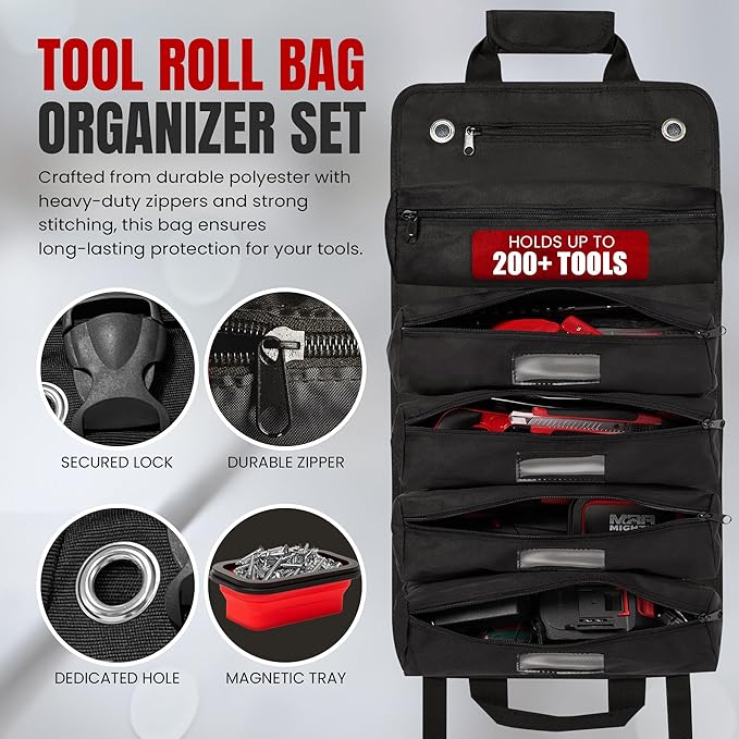 Tool Roll Bag Organizer with Magnetic Plate – Heavy Duty Polyester, Ideal Gifts For Men, Portable Tool Roll Up Bag with 5 Large Pouches & 4 Tool Strap – Black (26 Inches)